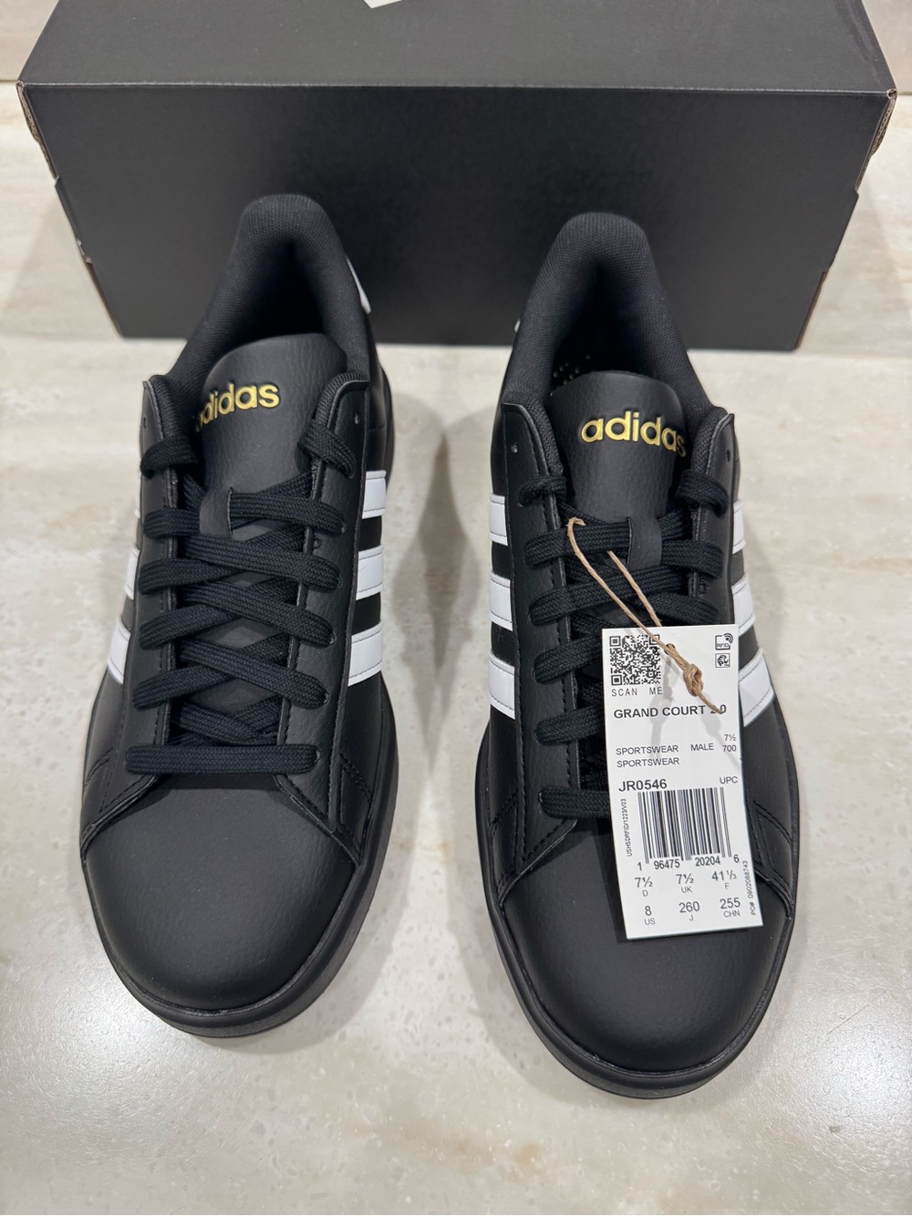 adidas Black and White Grand Court Low-Top Sneakers with Gold Logo JR0546 Sz 8